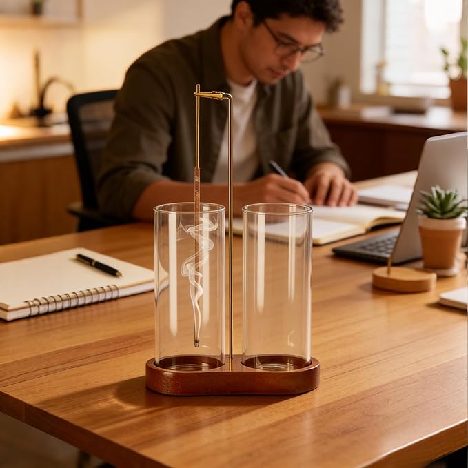 Incense Holder with 2 High Glass Bottle,Wooden Base Incense Stick Holder for Desktop,Incense Burner for Ash Collection,Ash Container