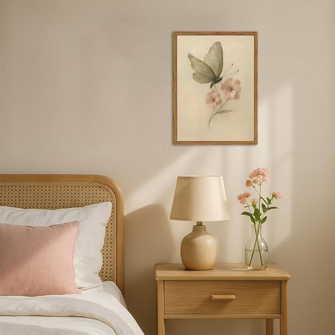 Framed Vintage Wall Art, Butterfly and Pink Floral Pictures Wall Decor, Retro Flower Moth Painting Canvas Prints Cottagecore Home Decor Aesthetic for Living Room Bedroom Bathroom 12x16 inch