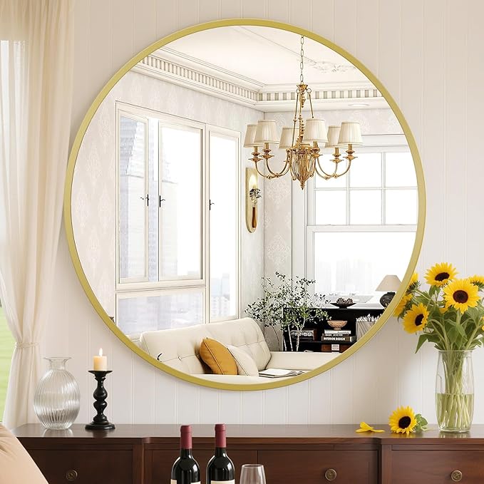 Sweetcrispy 30in Round Bathroom Mirrors for Wall, Bathroom Mirrors for Over Sink, Wall Decor for Bathroom, Entryway, Bedroom, Vanity, Gold