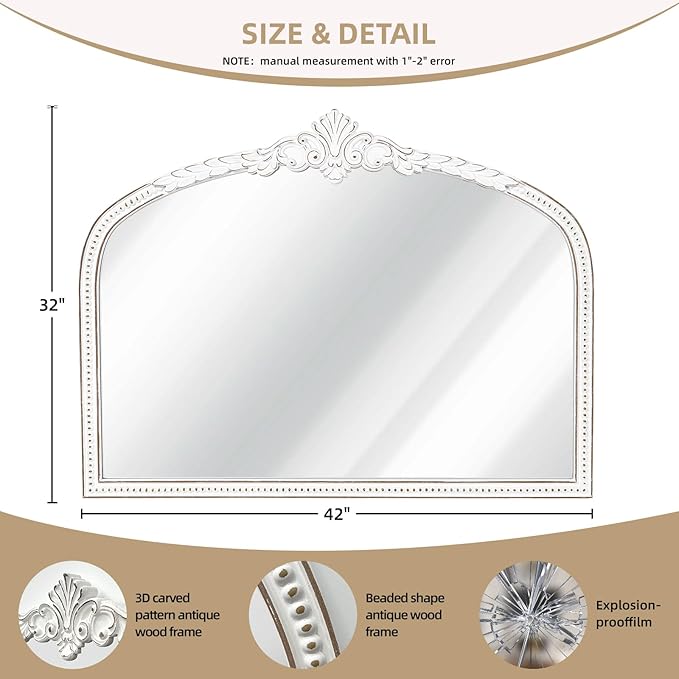 Farmhouse Wooden Wall Mirror - 32x42 Inches Antique White Baroque Wide Arched Decorative Mirror, Vintage Ornate Beaded Mirror for Living Room, Entryway, Mantel