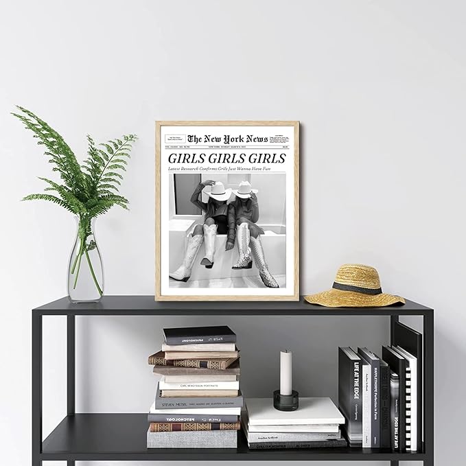 Bwodke OAK Wood Framed Wall Art Girls Just Wanna Have Fun Canvas Art Vintage Newspaper Pictures Western Wall Decor Trendy Cowgirl Prints Black and White Artwork for Girly Dorm Bedroom 16"x20"