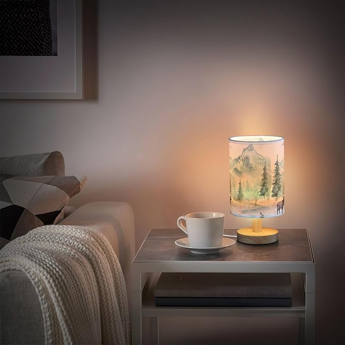 Table Lamp Watercolor Winter Forest Tree Animal Mountain Bear Deer Owl Nightstand Lamp with Wood Base Fabric Lamp Shade Bedside Desk Lamp for Living Room Bedroom Kids Room Office