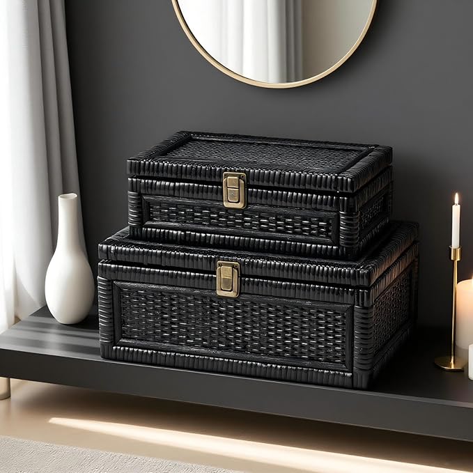 2PCS Rattan Boxes with Lid Decorative Natural Handmade Boho Baskets Woven Wicker Cane Bin Keepsake Memory Jewelry Rectangular Desk Shelf Closet Organizer Container (Black, 1 Large 1 Small)