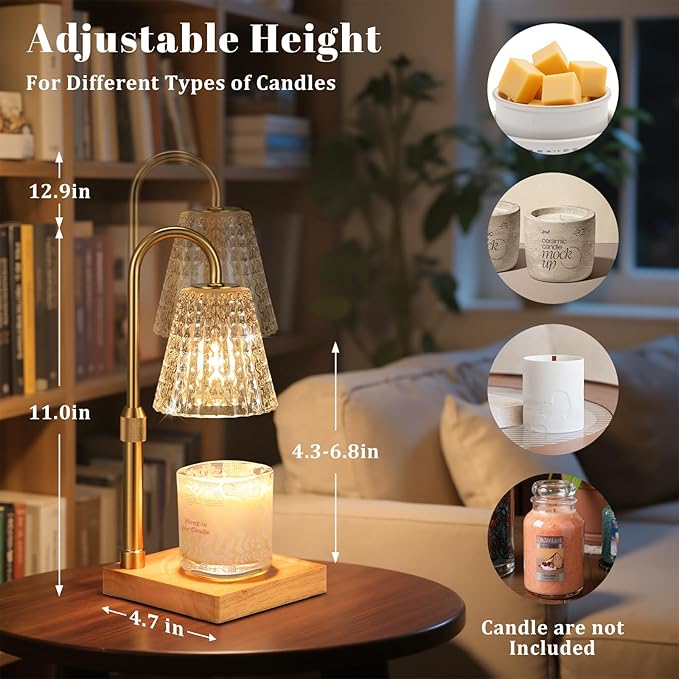 Hong-in Crystal Adjustable Height Candle Warmer Lamp with Timer Dimmer,Birthday Gifts for Women Mom Sister,House Warming Gifts New Home Room Decor,Vintage Wax Warmer for Scented Wax Jar Candles