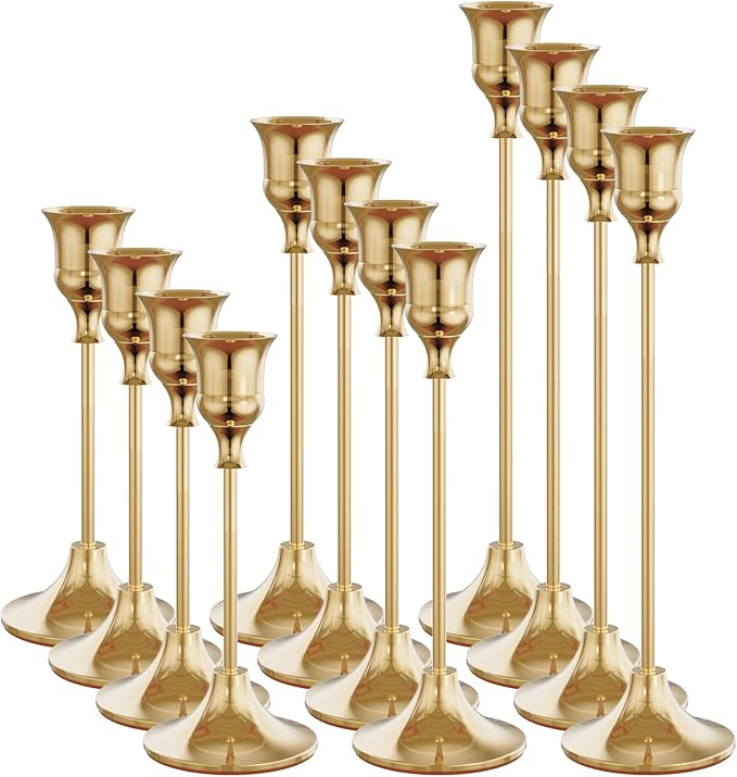 NLBTW Set of 12 French Gold Candle Holders for Taper, Vintage Candlestick Holder Decorative Metal Candle Sticks Home Decor Centerpieces for Table Mantel Festive Decorations