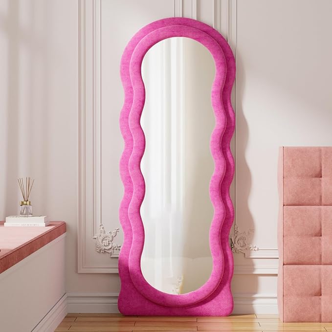 Rowjut Full Length Mirorr, 63"x24" Mirrors Full Length, Irregular Wavy/Wall Mounted/Standing Floor Mirror with Flannel, Body Mirorr Hanging or Leaning Against Wall for Bedroom (Pink)