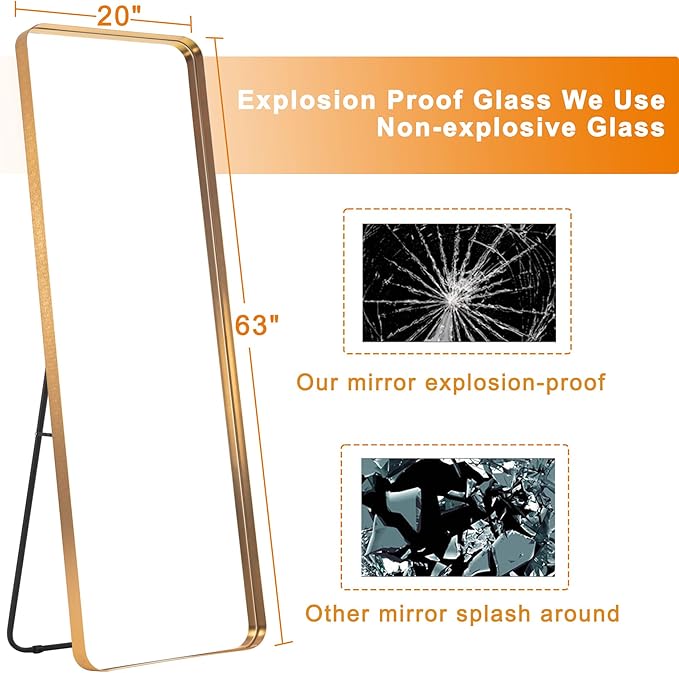 NeuType Full Length Mirror, 63"x20" Floor Mirror Full Body Dressing Mirror Round Corner, Hanging or Leaning Against Wall Large Rectangle Wall Mounted Deep Set Aluminum Alloy Frame for Bedroom, Gold