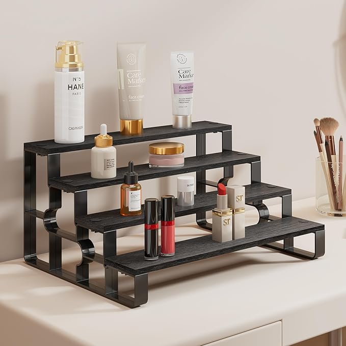 4 Tier Perfume Organizer for Men, Cologne Organizer Stand,Display Shelf Stands for Dresser,Wooden Shelf Display Risers for Party,Makeup,Figures,Cupcake,Dessert (Black, 4 Tiers-Width=14")