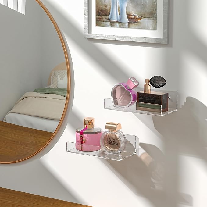 7'' Clear Acrylic Wall Shelf 2 Pack, Acrylic Floating Shelves, Acrylic Small Shelf for Books, Home Décor, Digital Clock, Speaker, Wine Bottle