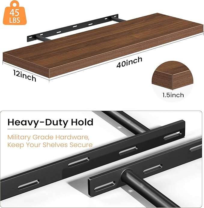 Fun Memories 40 Inch Floating Shelves, 12 Inch Deep Wall Shelves, 40 x 12 Floating Shelf Set of 2, Walnut Wood Floating Shelf Wall Mounted, Large Kitchen Living Room Bedroom Bathroom Storage Shelves