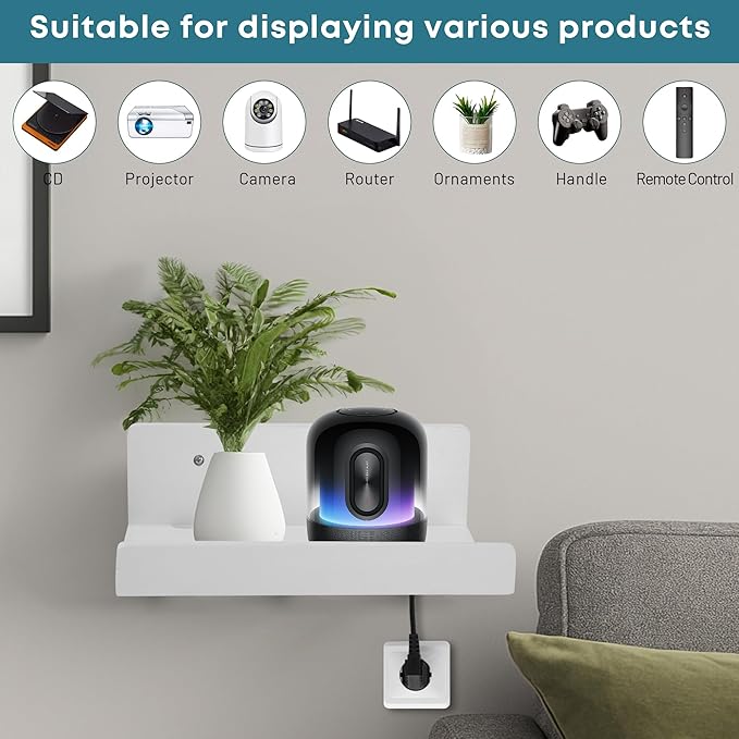 Floating Wall Shelves Set of 2, 12-Inch Solid Wood Shelves with Cable Holes, Small Display Shelf for Router, Webcam, Smart Speaker, Camera – White