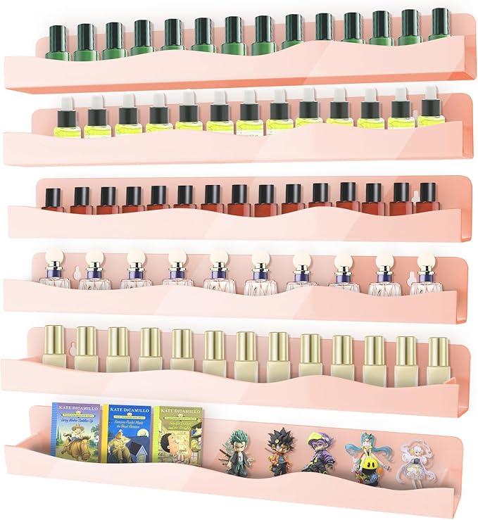 Nail Polish Wall Rack, 6-Shelf 15-Inch Light Pink Acrylic Nail Polish Shelves with Removable Ends – Multi-Purpose Shelf for Essential Oils, Cosmetics Storage and Display for Salons and Bathrooms