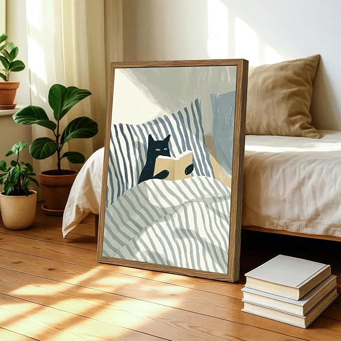 Funny Black Cat Wall Art Painting, Whimsical Cat in Stripe Bed Reading Wall Decor, Cute Animal Book Lover Blue and White Poster Canvas Prints for Bedroom Living Room 12x16 inch Wood Framed