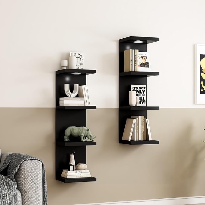 LitaEther Versatile 4 Tier Wall Shelf Unit,Black Lack Wall Shelf,Display Floating Shelf with LED Remote Control Light