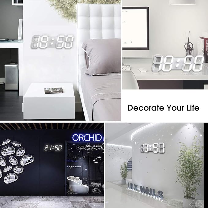 EPSKY 3D White Digital Wall Clock LED Large Alarm Clock Adjustable Brightness 12/24 Hours Display and Date Display for Kitchen Homes Offices Gyms (15inch)