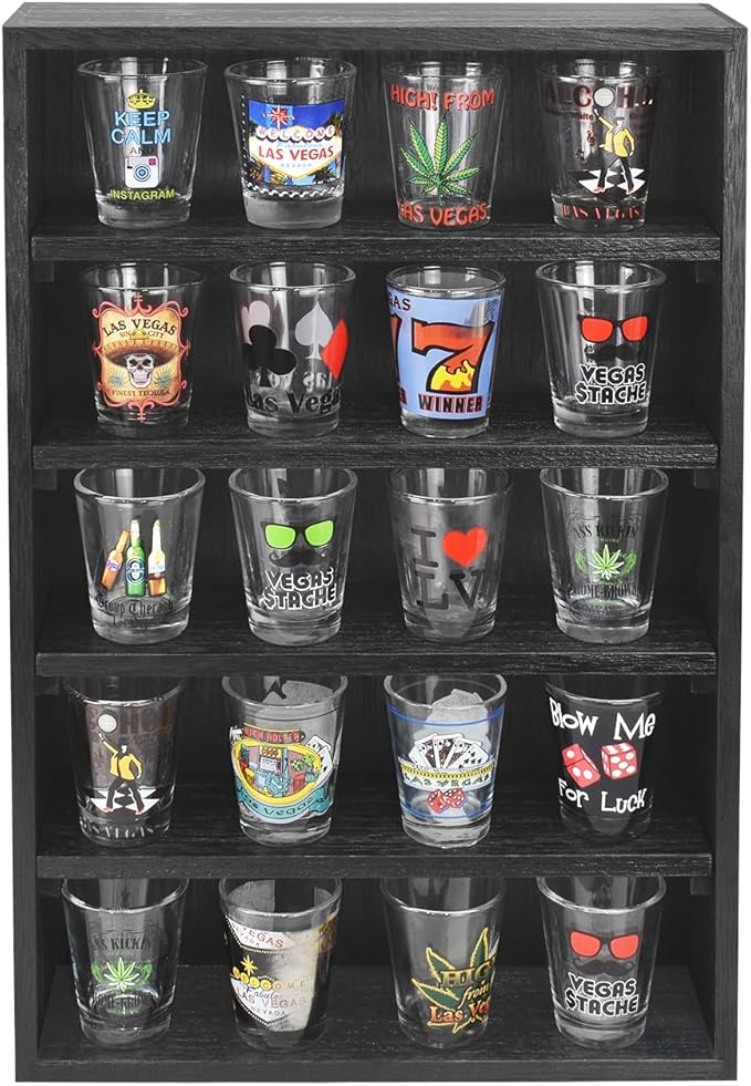 Ikee Design Wooden Wall-Mounted Display Shelves Rack for Collectibles, Figures,Shot Glasses,Spice Can,Cosmetics or Perfume, 5 Adjustable Height Shelves,Space-Saving, Black Color
