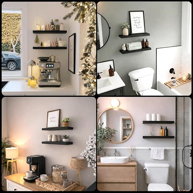 Floating Shelves for Wall, 24" Wall Mounted Shelves, Industrial Minimal Decor & Storage for Bathroom, Home Office, Living Room, Study, with Invisible Brackets, Set of 2, Black