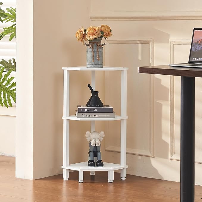 YUFAM 3-Tier Corner Shelf with Sturdy 5-Leg Base, 30in Tall Narrow Bookcase for Small Spaces, Wooden Plant Display Shelf, Thin Bookshelf for Living Room, Bedroom, Office, White