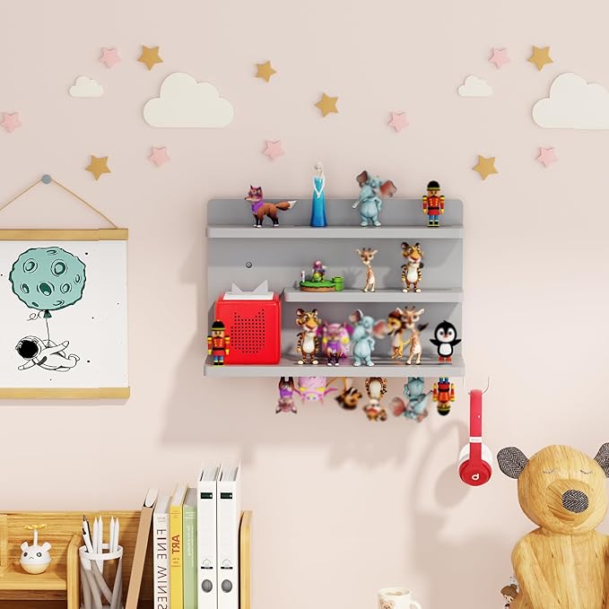 for Tonies Shelf Magnetic - Tonies Figure Organizer for Kids Room, Wooden Magnetic Display Shelf for Tonies Box Holder, Wall Floating Shelves Toy Storage Compatible Charging Station (3 Tier, Grey)