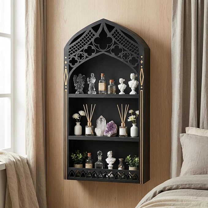 Gothic Window Crystal Display Shelf, 1.96" Deep Wooden Wall Mounted Gemstone Crystal Holder, Witchy Decor Trinket Organizer for Healing Stones -2026 Upgraded (Window-7.9" W x 15.7" H)