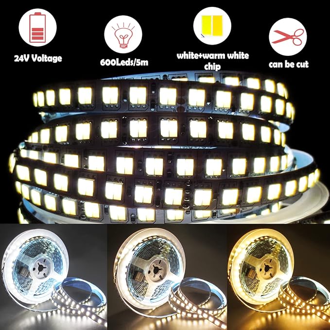 24V 2 in 1 LED Strip Lights, 16.4ft CCT Cold White + Warm White, Color Temperature Adjustable (2800K to 6500K) Light Strips IP20 Total 600 LEDs for Bedroom, Kitchen, Advertising Decoration