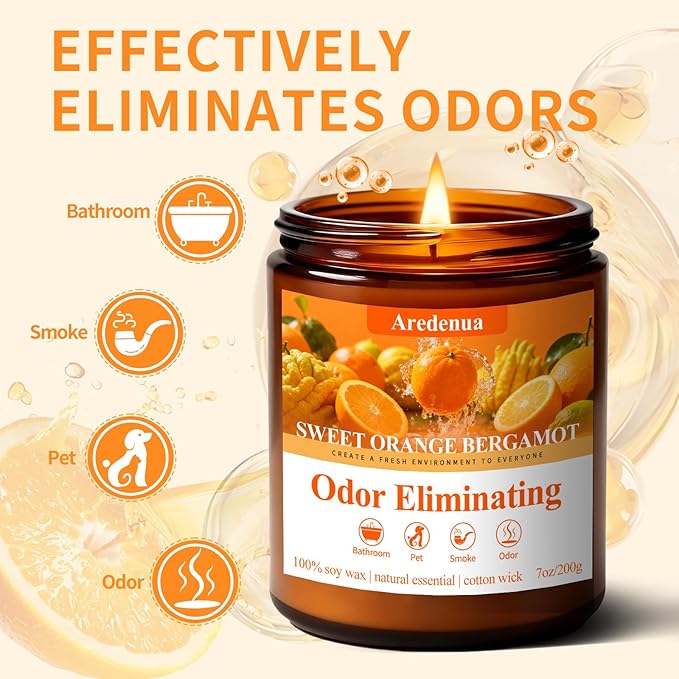 Sweet Orange Bergamot Odor Eliminating Candle | Eliminates 95% of Pet, Smoke & Bathroom Odors | 7oz Hand Poured Non-Toxic Soy Candle | Air Freshening Scented Candle for Positive & Relaxation