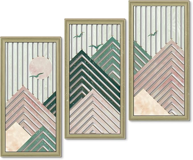 Putuo Decor Boho Mountain Wall Decor Set of 3, Rustic Farmhouse Wooden Wall Art, Nature-Inspired Geometric Artwork, Mid-Century Modern Aesthetic for Living Room Bedroom Entryway, Pink