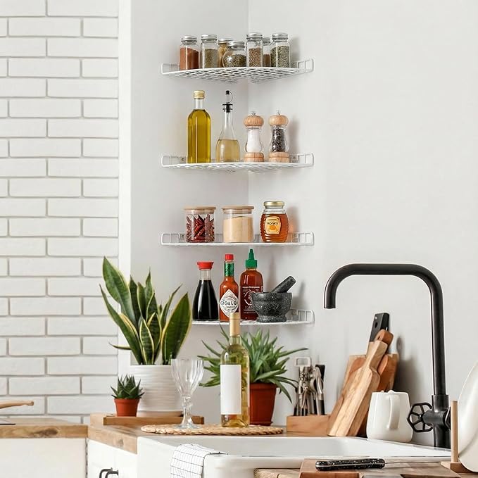 4 Pcs Corner Shelf Organizer Closet Corner Shelves 12 x 12 in Metal Wire Cabinet Wall Shelf for Kitchen, Bathroom, Living Room Home Decor, White