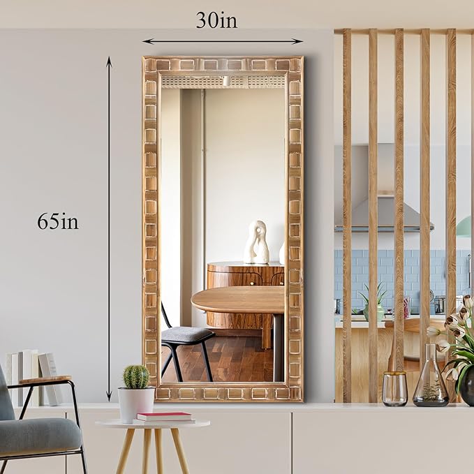 POZINO Full Length Mirror with Solid Wood Frame, 65"X30" Farmhouse Wooden Floor Mirror for Dressing, Large Rustic Rectangle Wall Mirrors for Living Room Bathroom Bedroom, Horizontal Or Vertical