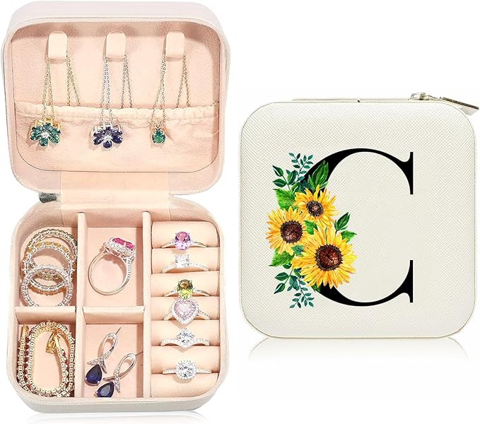 Sunflower Jewelry Case,Sunflower Gifts for Women,Initial C Travel Jewelry Box,Valentine's Day Gift Easter Personalized Gifts for Teen,Mom,Wife,Bridesmaids,21st Birthday Gift for Her