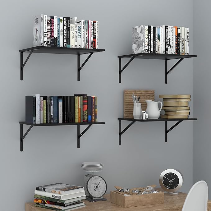 Deep Floating Wall Shelves - 4 Sets of 12 Inch Wide Black Wood Shelves for Bathroom, Bedroom, Kitchen, Living Room