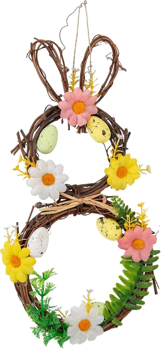 Berfutall-Easter Bunny Basket Decoration with Flowers, Spring Decor with Pastel Eggs(2D)