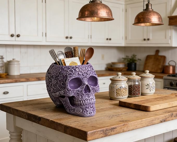 Skull Bowl Decorative Skull Vase Makeup Brush Pen Holder Organizer Dresser Gothic Table Organizer Decoration, Purple Skull Pot Enthusiasts Gifts