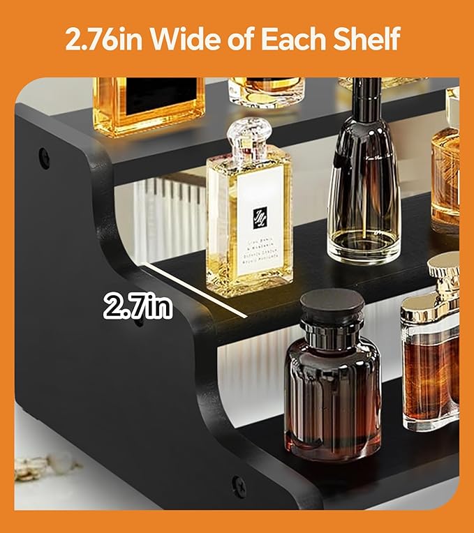 Wooden Cologne Organizer for Men, Perfume Organizer Stand, Cologne Stand with Anti-Slip Washers, Wooden Display Risers Stand for Figures, Fragrances, Dessert, Cupcake, Makeup (Black, 3-tier-9.4in)