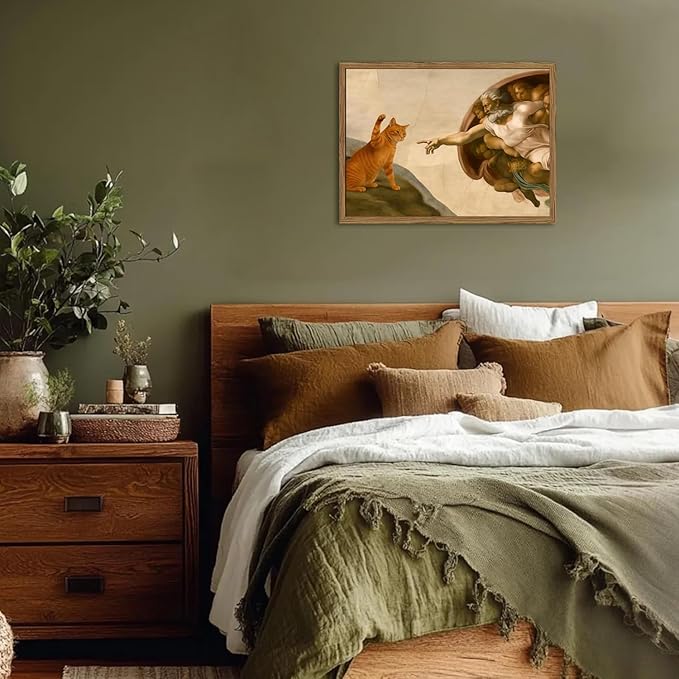 Funny Creation of Adam and Cat Wall Art, Whimsical Cat and God Wall Decor Painting Quirky Michelangelo and Animal Poster Canvas Print for Bedroom Living Room 16x24 inch Wood Framed