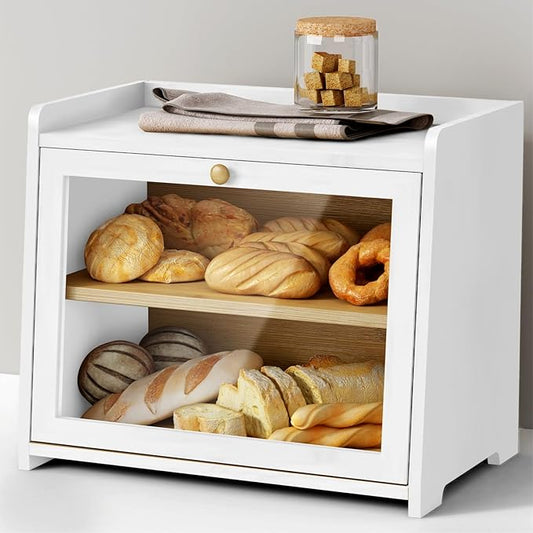 Goozii White Double Layer Bread Box for Kitchen Countertop, 2 Tier Counter Breadbox for Homemade Bread, Large Bread Storage Container Holder Keeper for Sourdough Loaf Storage (Bamboo Wood)