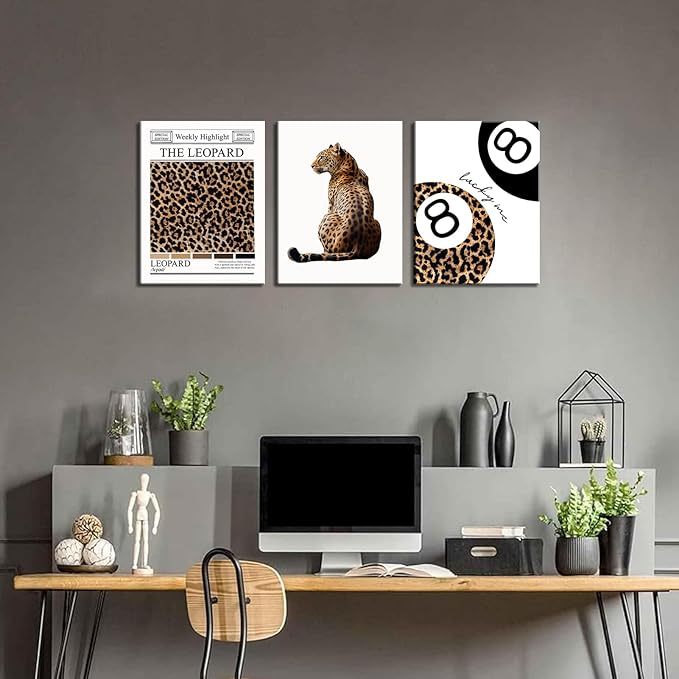 Set of 3 Trendy Leopard Canvas Wall Art Funky Lucky 8 Ball Posters Prints Preppy Room Aesthetic Cheetah Wall Decor Pictures for Girly Bedroom Apartment Dorm 12x16in