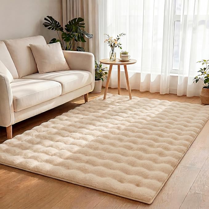 Pauwer Area Rugs for Living Room, 4x6 Fluffy Faux Fur Rug Non Slip Machine Washable Soft Shaggy Indoor Floor Carpet for Bedroom Dorms Playroom, Beige