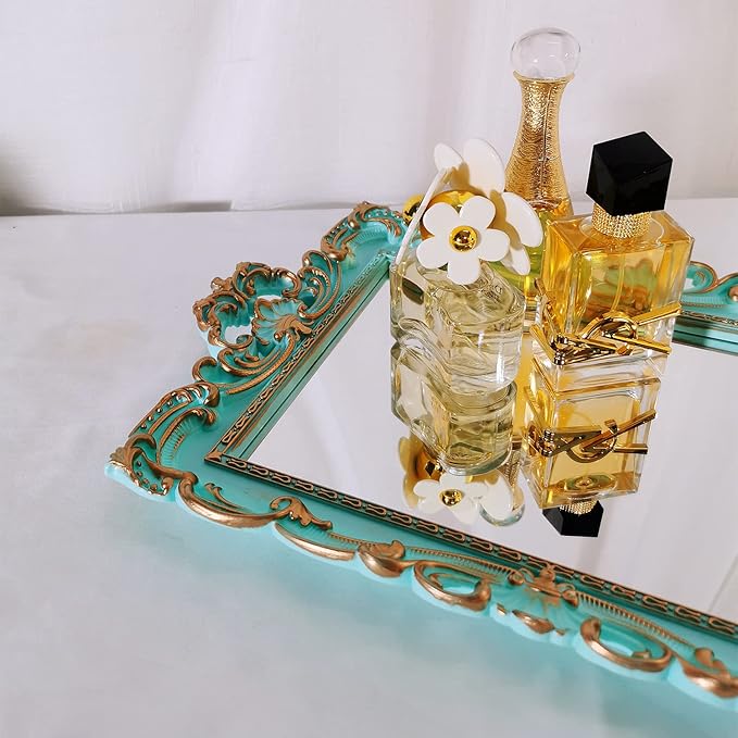 Shell Rectangle Decorative Mirror Tray, French Style, Makeup Organizer, Jewelry Organizer, Serving Tray, 8.2"x 12.9", Golden Blue