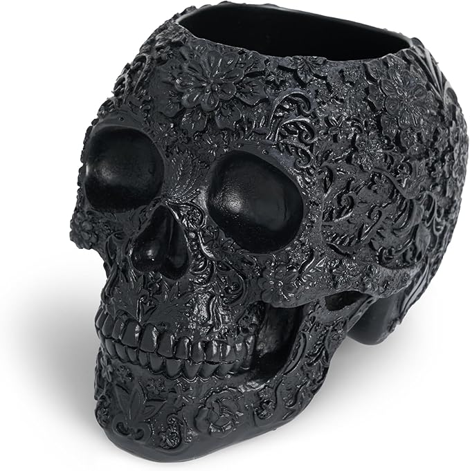 Skull Bowl Decorative Skull Vase Makeup Brush Pen Holder Organizer Dresser Gothic Table Organizer Decoration, Black Skull Pot Enthusiasts Gifts