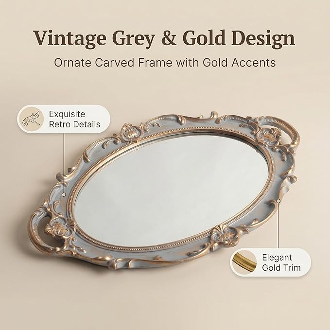 Oval Vintage Decorative Mirror Tray, 14.6'' x 9.8'' Jewelry Dresser Organizer Tray, Cosmetics Makeup Storage Organizer, Serving Tray - Gray