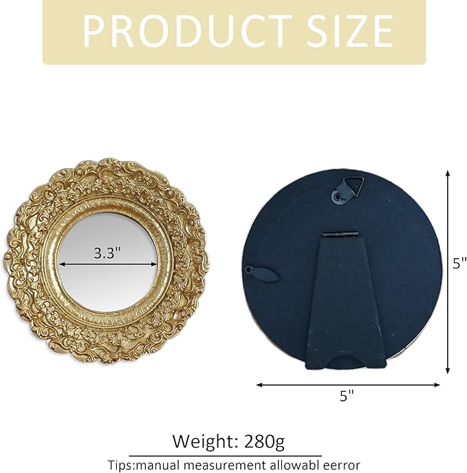 Golden Mini Vintage Mirror with Exquisite Relief Elegant Wall Decor for Bedroom Dresser Table Compact Resin Retro Design (Gold Round, 5X5)
