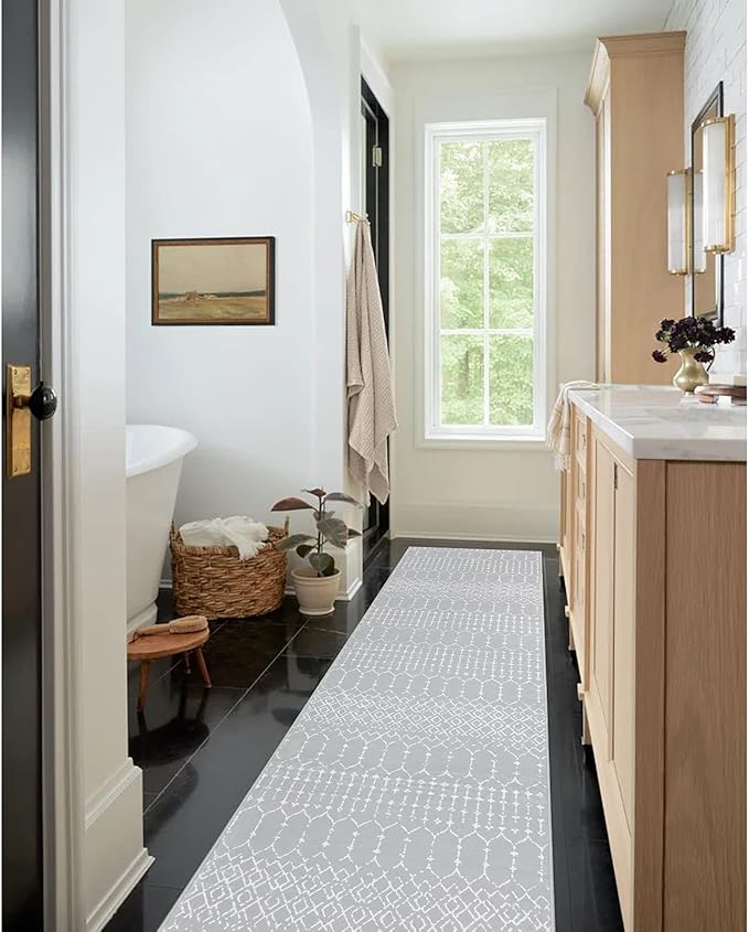 Lahome Moroccan Runner Rugs for Hallway 2x8 Throw Ultra-Thin Kitchen Rugs Runner Non Skid Washable Non-Slip Entryway Carpet Grey Distressed Print Mat for Bathroom Bedroom Laundry Room Hana