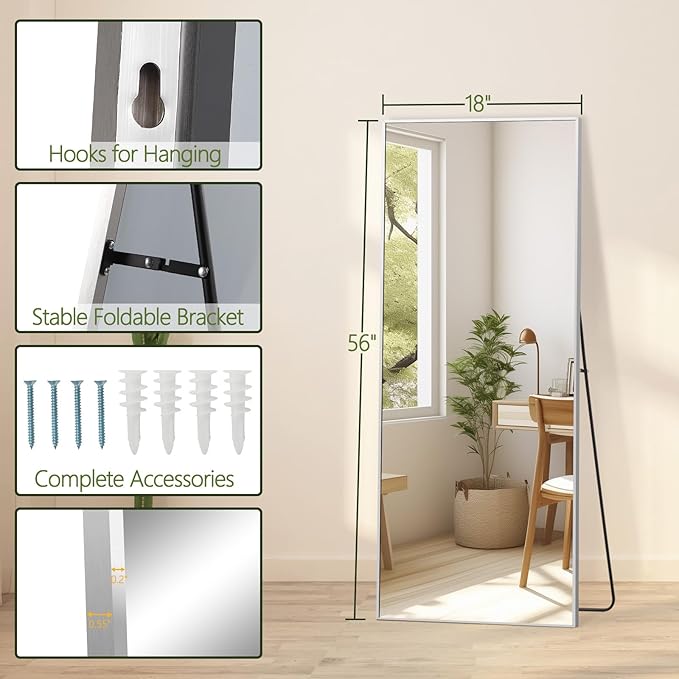 MELOMOIR 56"x18" Full Length Mirror, Silver Floor Mirror with Stand or Wall Mount, Aluminum Alloy Frame Full Body Mirror for Bedroom, Living Room, Cloakroom, Hallway