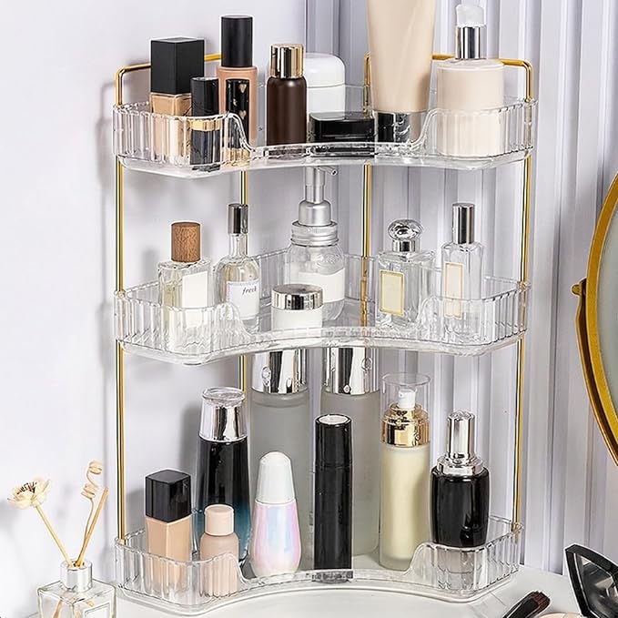 Multi-Tier Corner Countertop Organizer Rack, Makeup Organizer Countertop, Bathroom Counter Organizer, for Skincare and Cosmetics, Ideal Vanity Gift (Transparent White, 3-Tier)