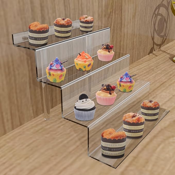 BYCY Display Stand 4 Tier Black Display Riser 2 Pack Displays Perfume Organizers Tiered for Decoration and Cupcakes Dessert Stand Makeup Stand Cabinet Countertops (12*6-clear)