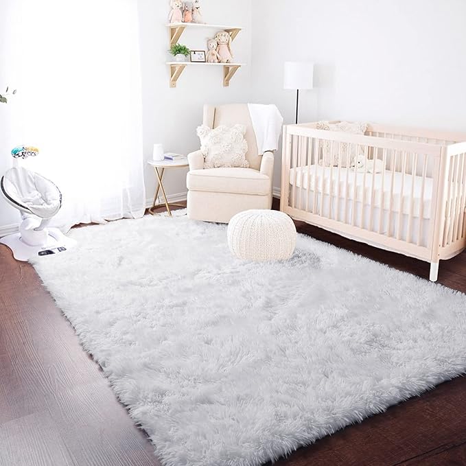 White Area Rugs for Bedroom Living Room, Fluffy Shag Rug 5x7 for Kids Room Decor, Modern Furry Plush Rugs for Baby Nursery, Teen Girls Boys, Cute Fuzzy White Fur Carpet for Dorm, Home Office, Playroom