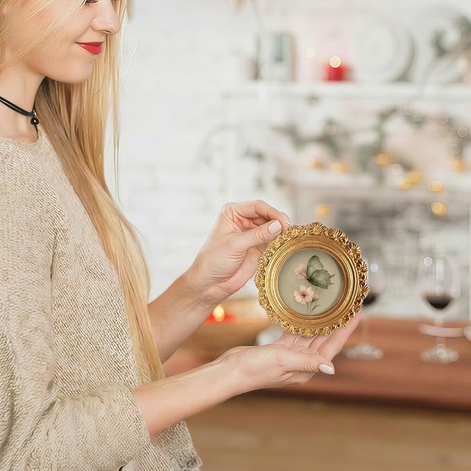 Small Vintage Butterfly Spring Round Picture Frame Wall Decor, Pink Flower Gold Mini Ornate Photo Frame for TableTop Desk 2.7in Photo, Rustic Framed Artwork for Walls Office Bedroom Shelf