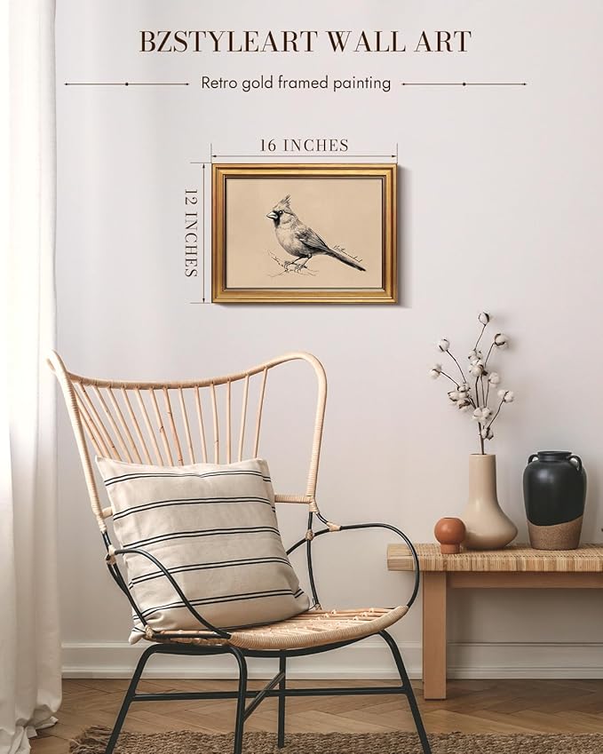 Bzstyleart Vintage Wall Art Decor, Framed Bird Wall Decor Painting for Living Room, Sketch Yili State Bird Animal Canvas Prints Home Decor Aesthetic for Bedroom Bathroom, 12L x 16W