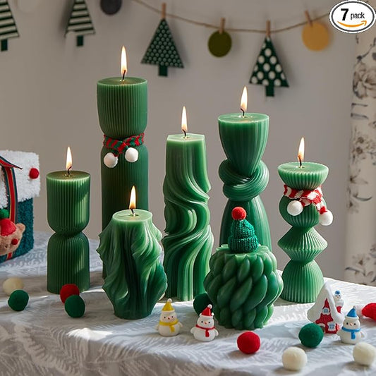 7-Pack Pillar Candles - Soy Wax Handmade Ribbed Candles for Home Decor, Housewarming Gift, Shelf & Table Decor - Aesthetic Modern Candles Set (Green)